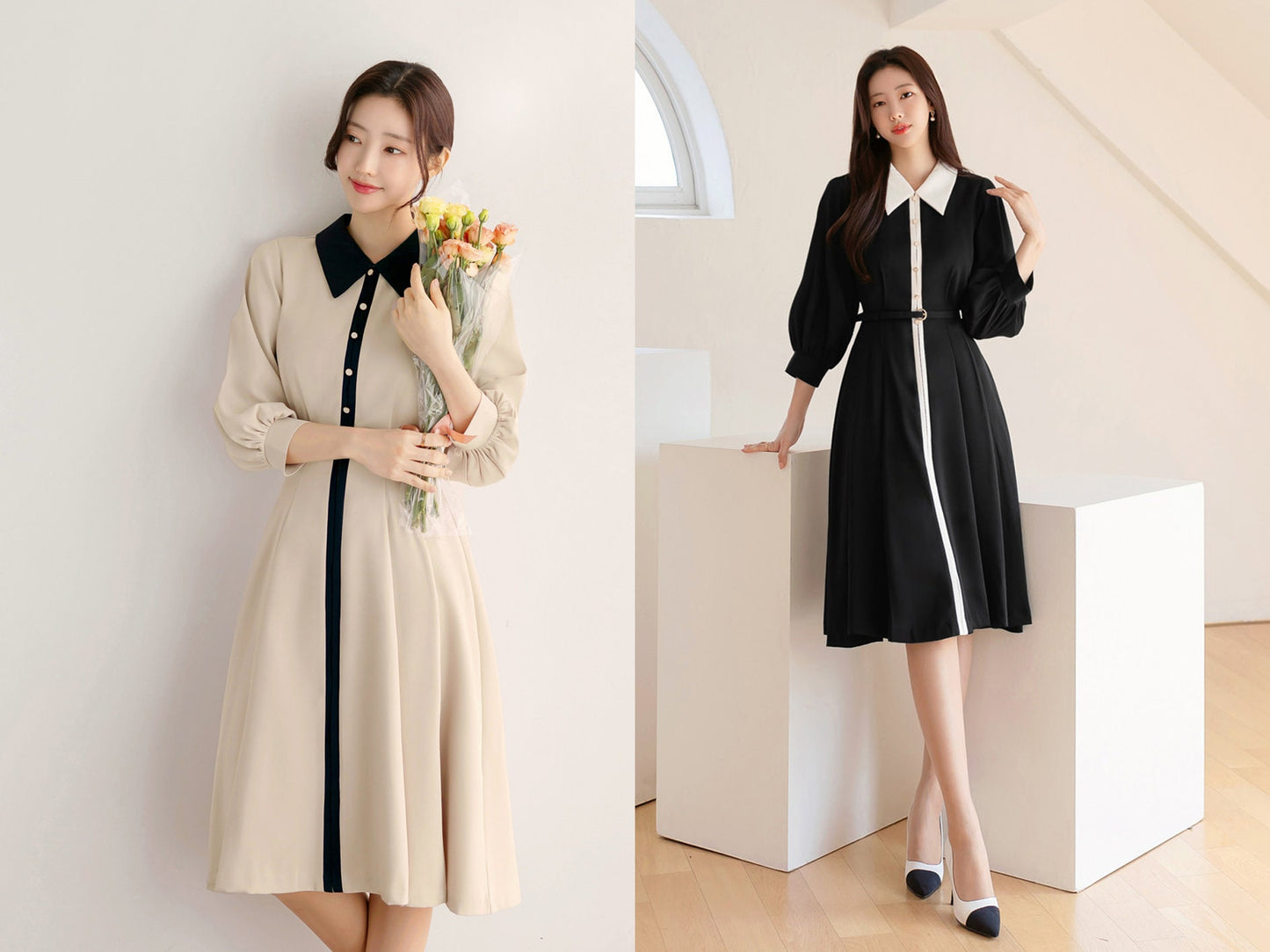 Classic Elegant Collared Pleats Dress with Belt / Korean Style Women Dress / Elegant Feminin Puff Sleeve Midi Dress