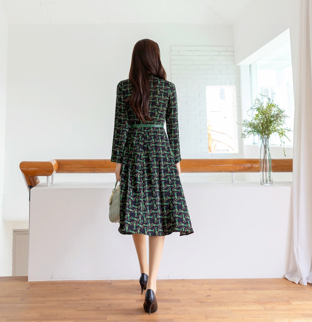 Elegant Chic Patterned Flare dress with Belt / Korean Style Unique Midi Dress / Spring Fall Long Sleeve Midi Dress