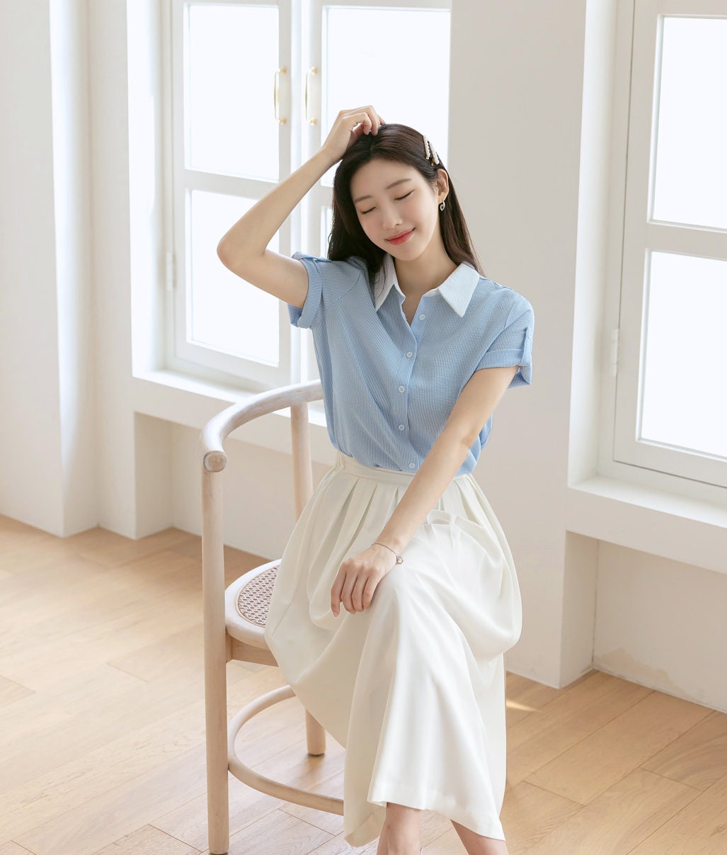 Basic Striped Short Sleeve Shirt Blouse / Korean Style Luxury Feminine Clothes / Stylish Office Look Top / Everyday Soft Summer Blouse