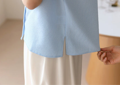 Basic Striped Short Sleeve Shirt Blouse / Korean Style Luxury Feminine Clothes / Stylish Office Look Top / Everyday Soft Summer Blouse