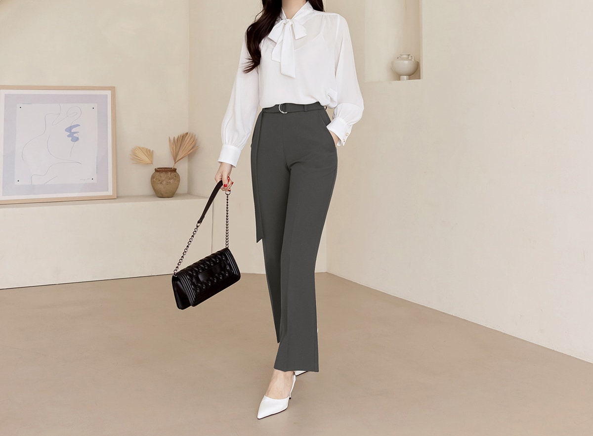 Comfortable Elegant Wide Pants with Belt / Korean Style Women Wide Slacks / Comfortable Casual Office School Pants for Spring Fall