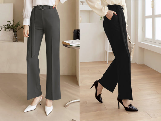 Comfortable Elegant Wide Pants with Belt / Korean Style Women Wide Slacks / Comfortable Casual Office School Pants for Spring Fall