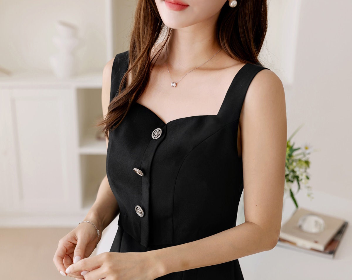 Cropped Top Layered Design Sleeveless Flare Dress / Korean Style Midi Long Dress / Clasic Simple Black Sleeveless Dress for Women