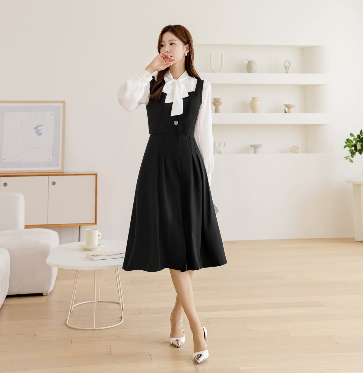 Cropped Top Layered Design Sleeveless Flare Dress / Korean Style Midi Long Dress / Clasic Simple Black Sleeveless Dress for Women