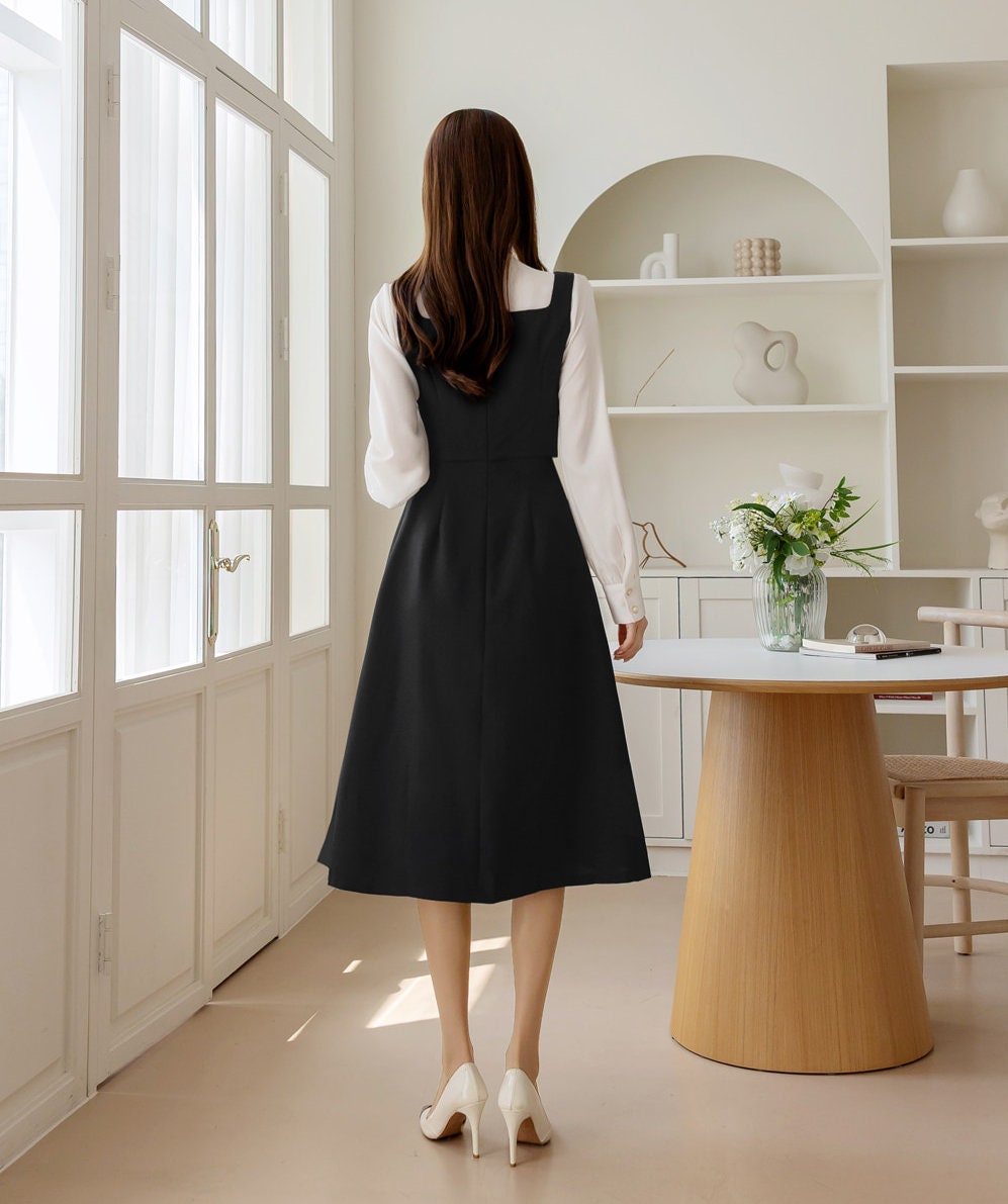 Cropped Top Layered Design Sleeveless Flare Dress / Korean Style Midi Long Dress / Clasic Simple Black Sleeveless Dress for Women