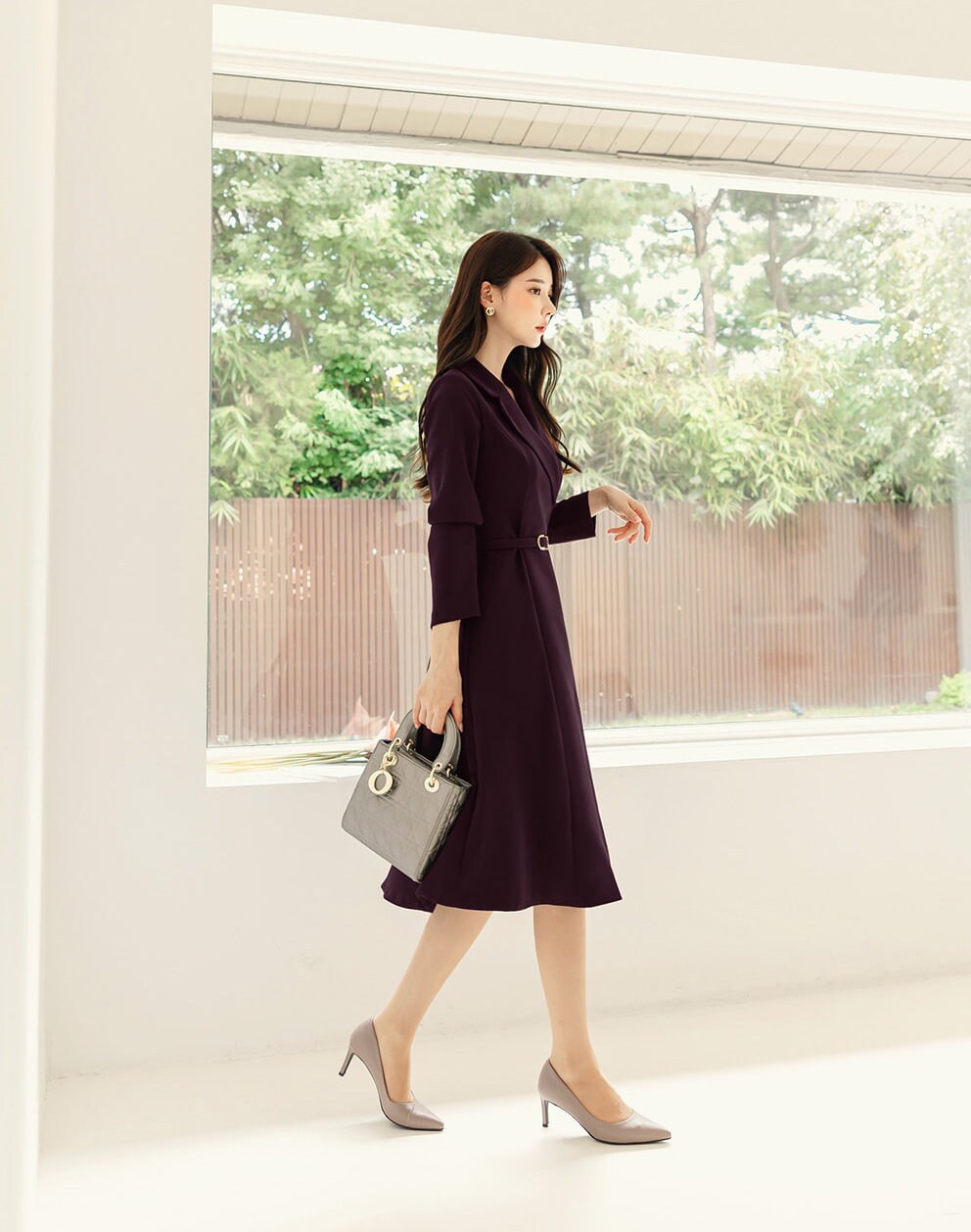 Classic Elegant Tailored Collar Midi Dress with Belt / Korean Style Elegant Feminin Midi Dress / Long Sleeve Chic Luxury Dress