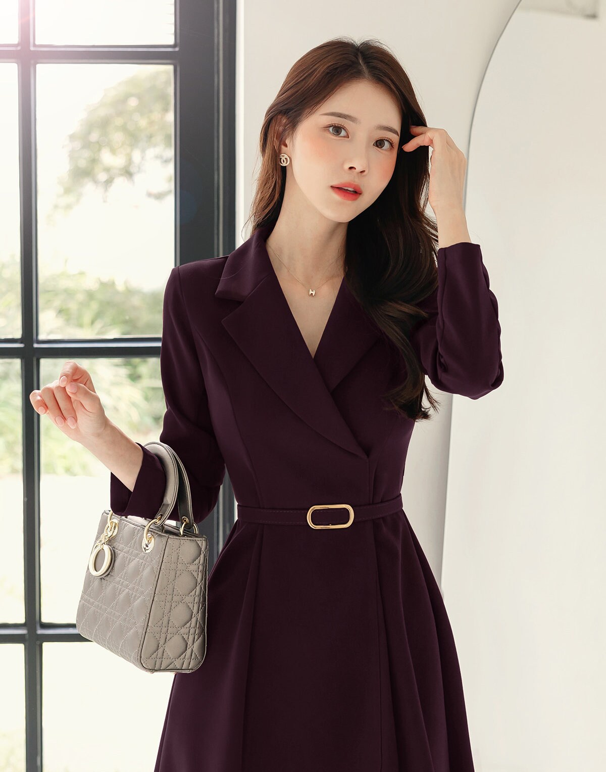 Classic Elegant Tailored Collar Midi Dress with Belt / Korean Style Elegant Feminin Midi Dress / Long Sleeve Chic Luxury Dress