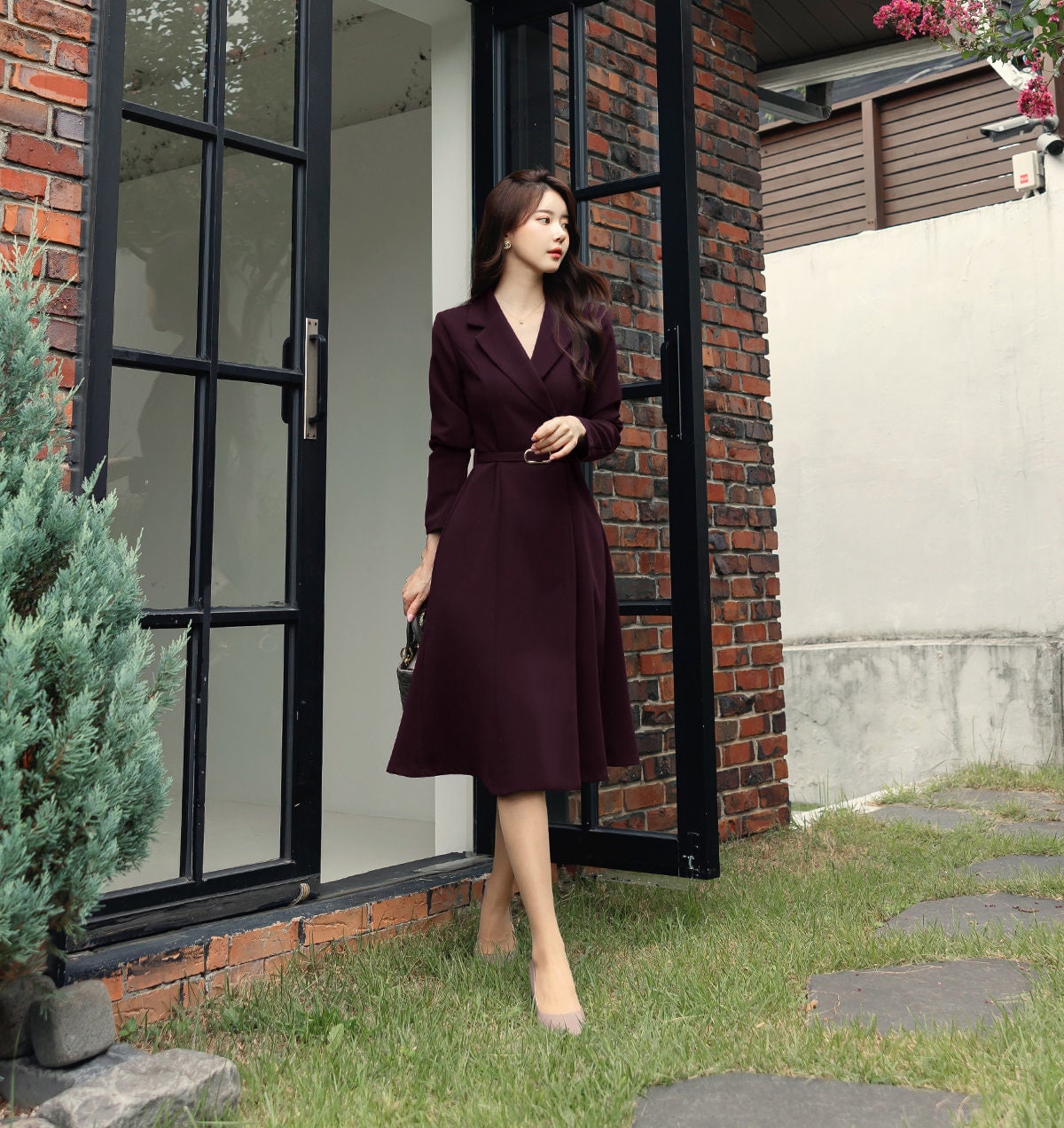 Classic Elegant Tailored Collar Midi Dress with Belt / Korean Style Elegant Feminin Midi Dress / Long Sleeve Chic Luxury Dress