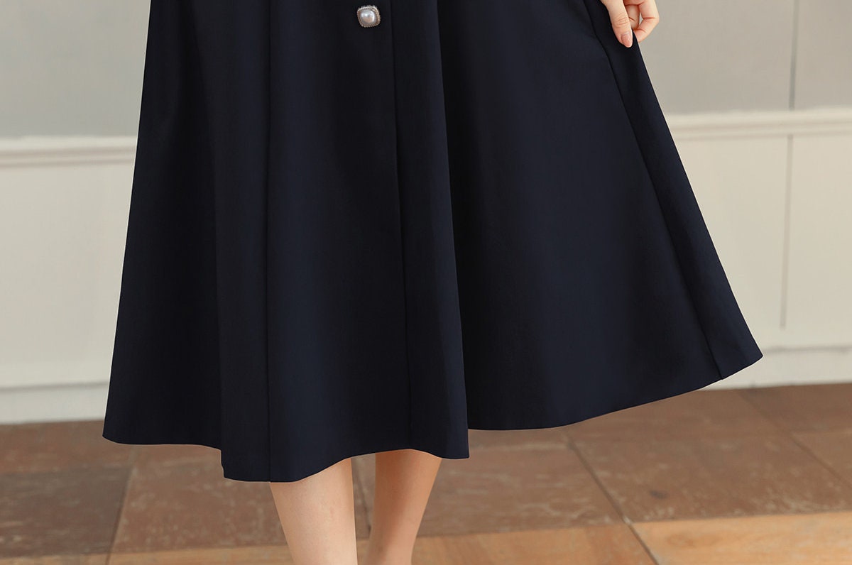 Navy Big Collar Flare Dress with Jewel Belt / Korean Style Women Dress / Elegant Feminin Wide Collar Dress