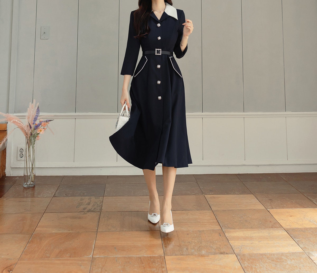 Navy Big Collar Flare Dress with Jewel Belt / Korean Style Women Dress / Elegant Feminin Wide Collar Dress