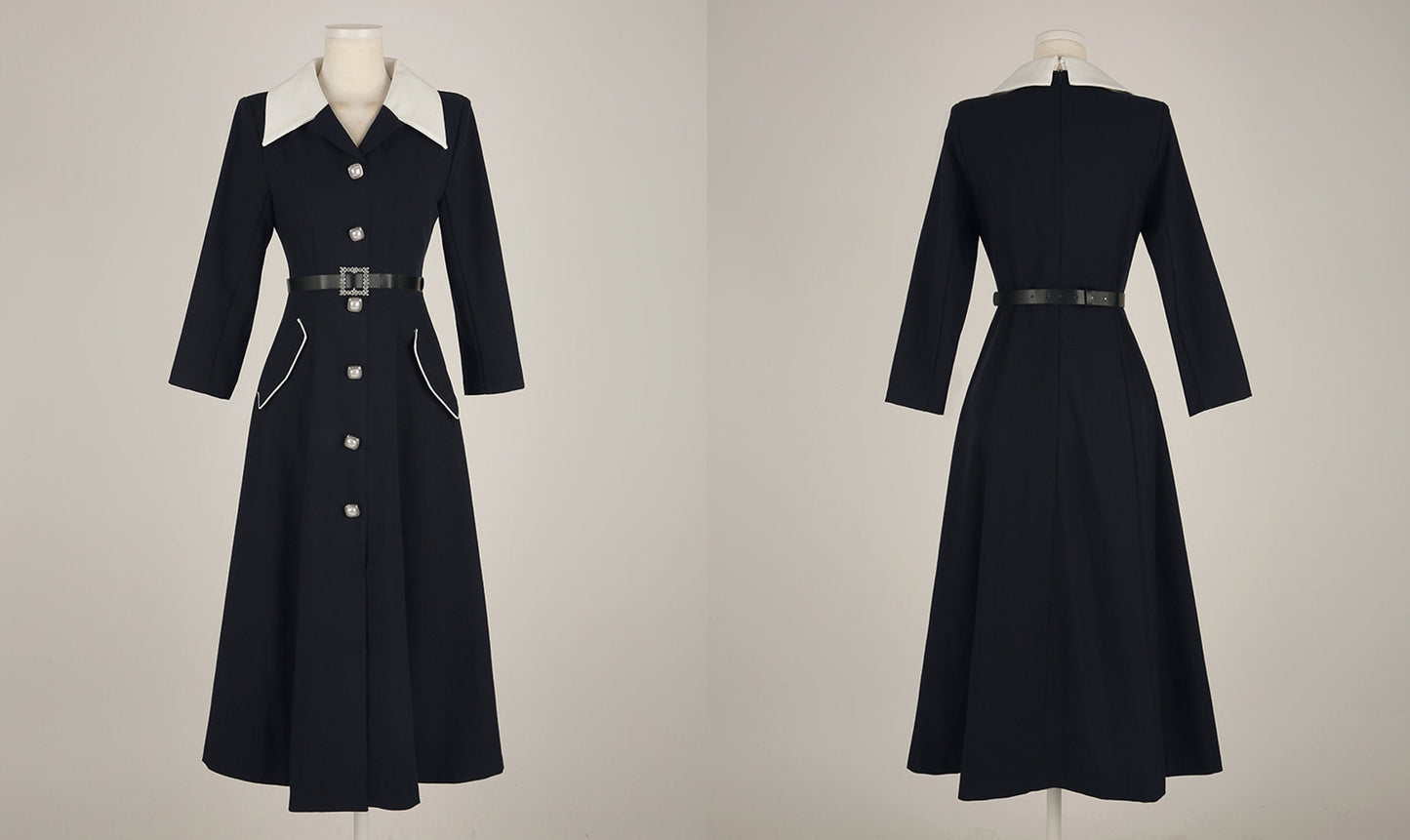 Navy Big Collar Flare Dress with Jewel Belt / Korean Style Women Dress / Elegant Feminin Wide Collar Dress