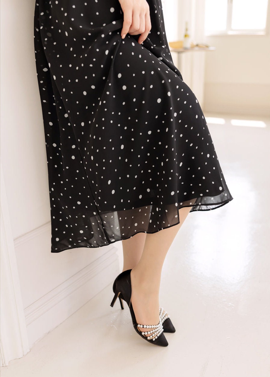 Lovely Dot Pattern Chiffon Long Dress / Long Sleeve Flare Midi Dress / Korean Style Feminin Midi Dress