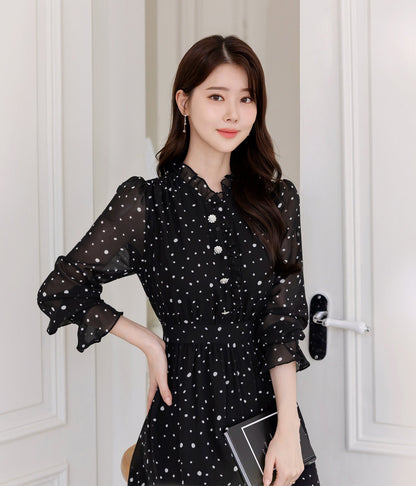 Lovely Dot Pattern Chiffon Long Dress / Long Sleeve Flare Midi Dress / Korean Style Feminin Midi Dress