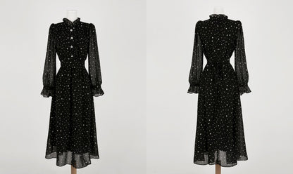 Lovely Dot Pattern Chiffon Long Dress / Long Sleeve Flare Midi Dress / Korean Style Feminin Midi Dress