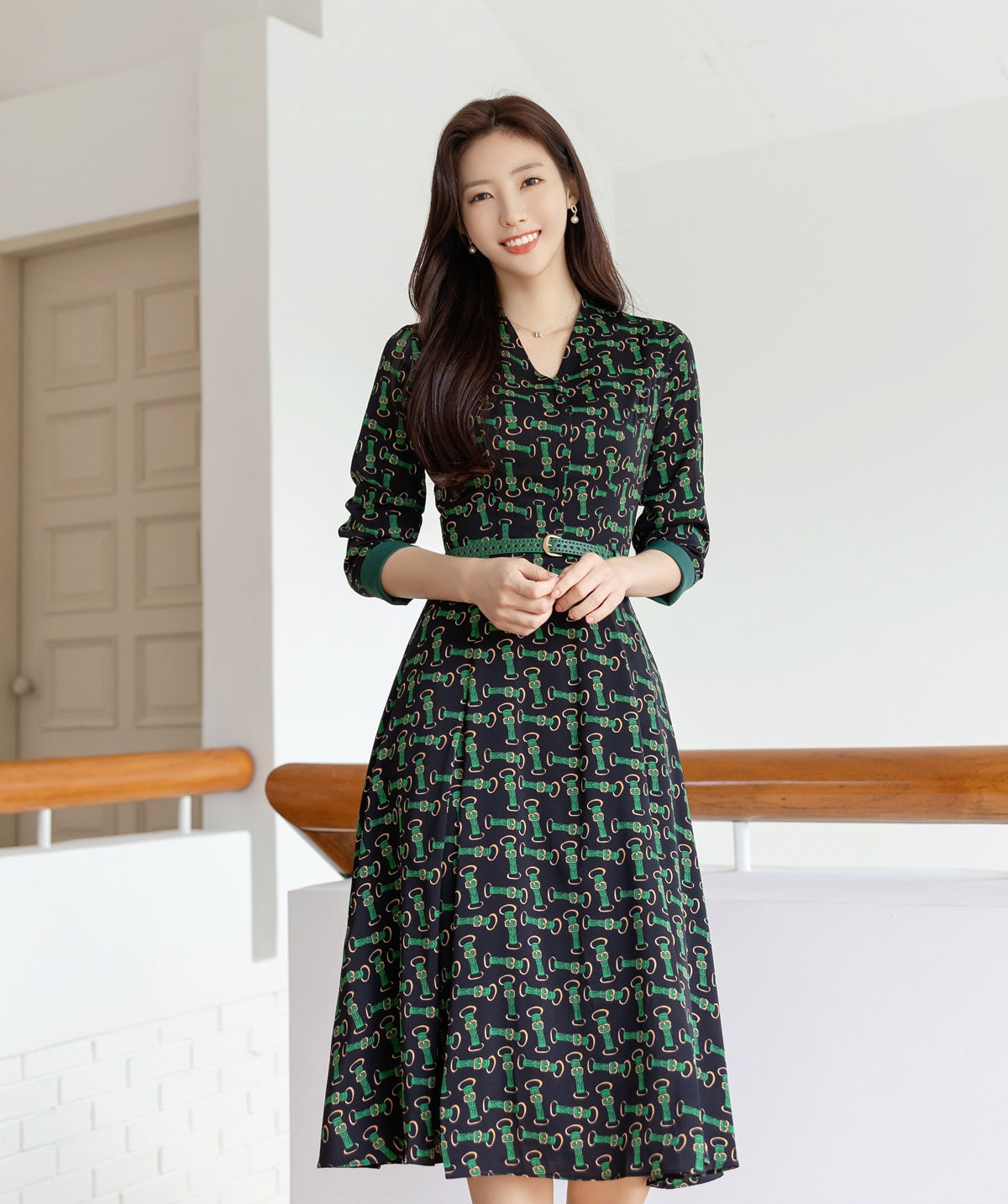 Elegant Chic Patterned Flare dress with Belt / Korean Style Unique Midi Dress / Spring Fall Long Sleeve Midi Dress