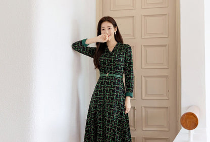 Elegant Chic Patterned Flare dress with Belt / Korean Style Unique Midi Dress / Spring Fall Long Sleeve Midi Dress