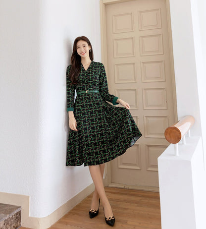 Elegant Chic Patterned Flare dress with Belt / Korean Style Unique Midi Dress / Spring Fall Long Sleeve Midi Dress