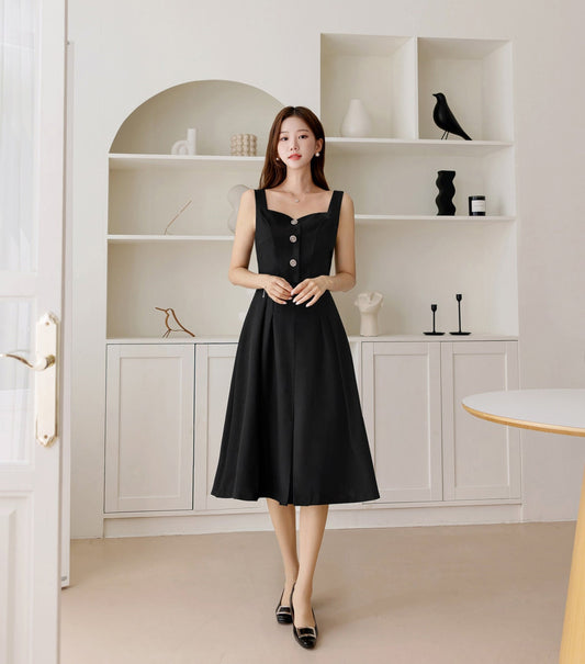 Cropped Top Layered Design Sleeveless Flare Dress / Korean Style Midi Long Dress / Clasic Simple Black Sleeveless Dress for Women