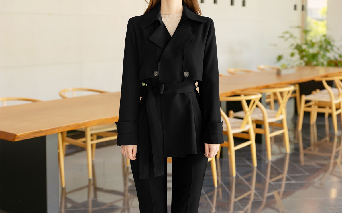 Black Color Classic Trench Jacket with Belt / Korean Style Trench Jacket for Women / Spring Fall Trench Short Coat Jacket