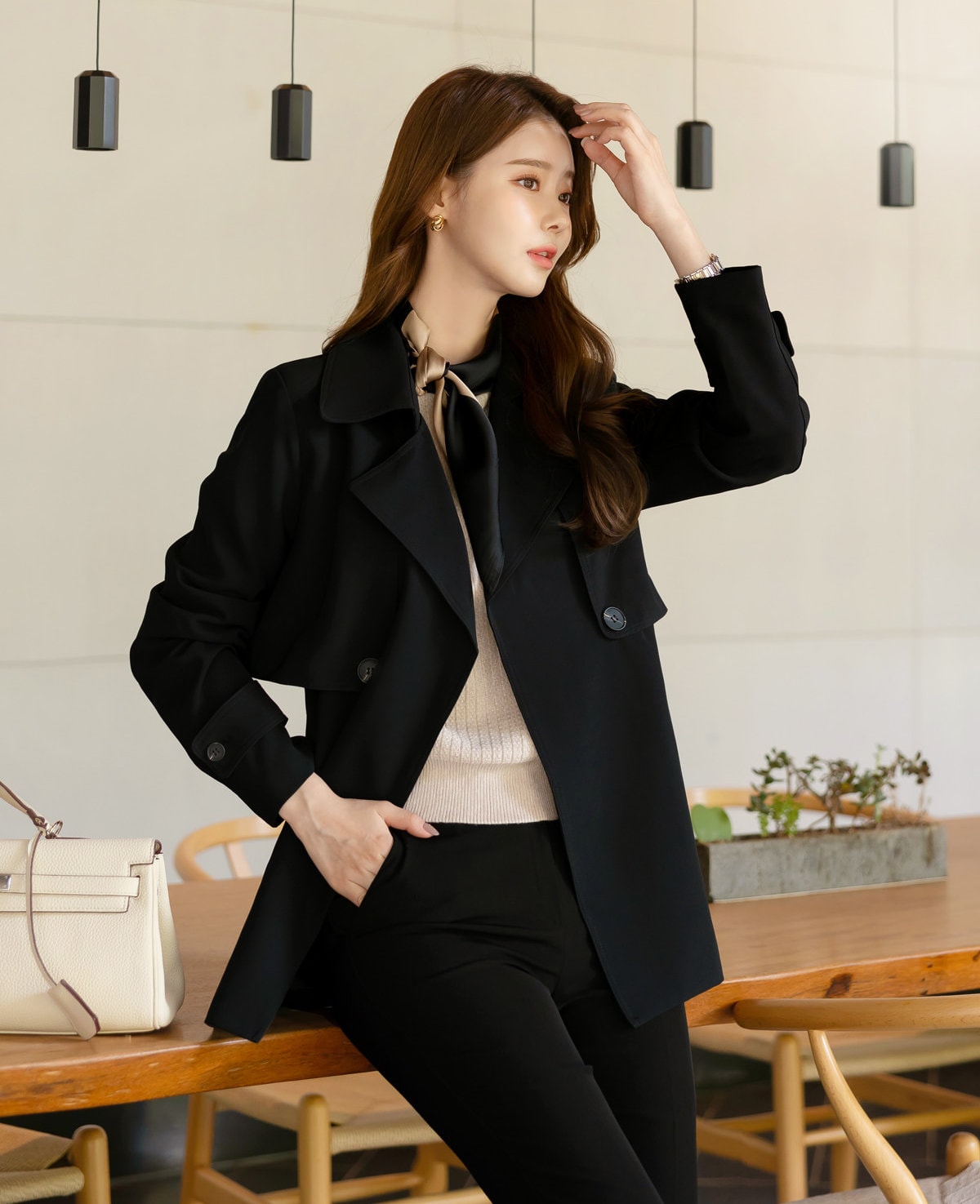 Black Color Classic Trench Jacket with Belt / Korean Style Trench Jacket for Women / Spring Fall Trench Short Coat Jacket