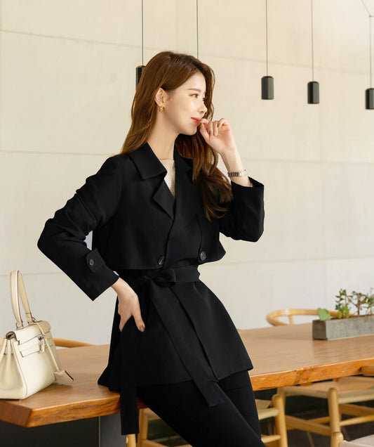 Black Color Classic Trench Jacket with Belt / Korean Style Trench Jacket for Women / Spring Fall Trench Short Coat Jacket