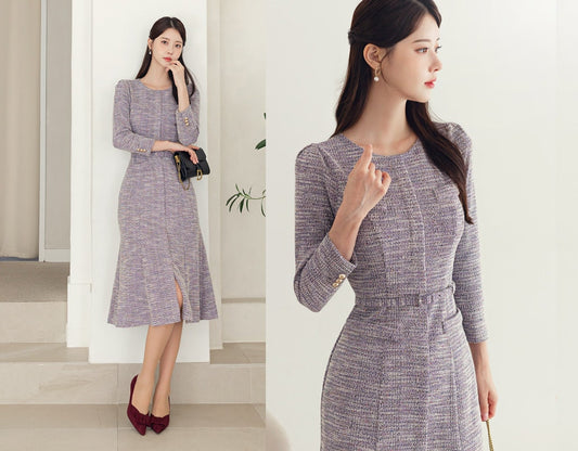 Elegant Feminine Semi-Mermaid Tweed Dress with Belt / Korean Style Midi Dress / Luxury Wear Elegant Dress