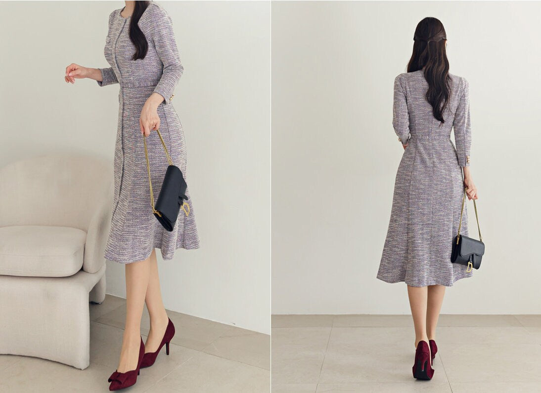 Elegant Feminine Semi-Mermaid Tweed Dress with Belt / Korean Style Midi Dress / Luxury Wear Elegant Dress