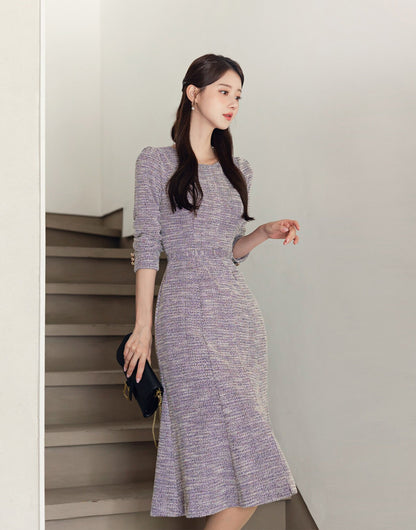 Elegant Feminine Semi-Mermaid Tweed Dress with Belt / Korean Style Midi Dress / Luxury Wear Elegant Dress