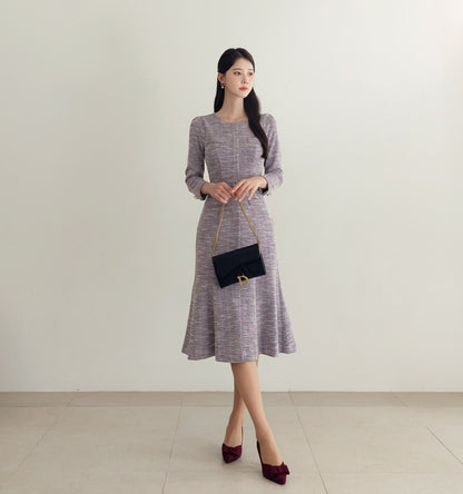 Elegant Feminine Semi-Mermaid Tweed Dress with Belt / Korean Style Midi Dress / Luxury Wear Elegant Dress