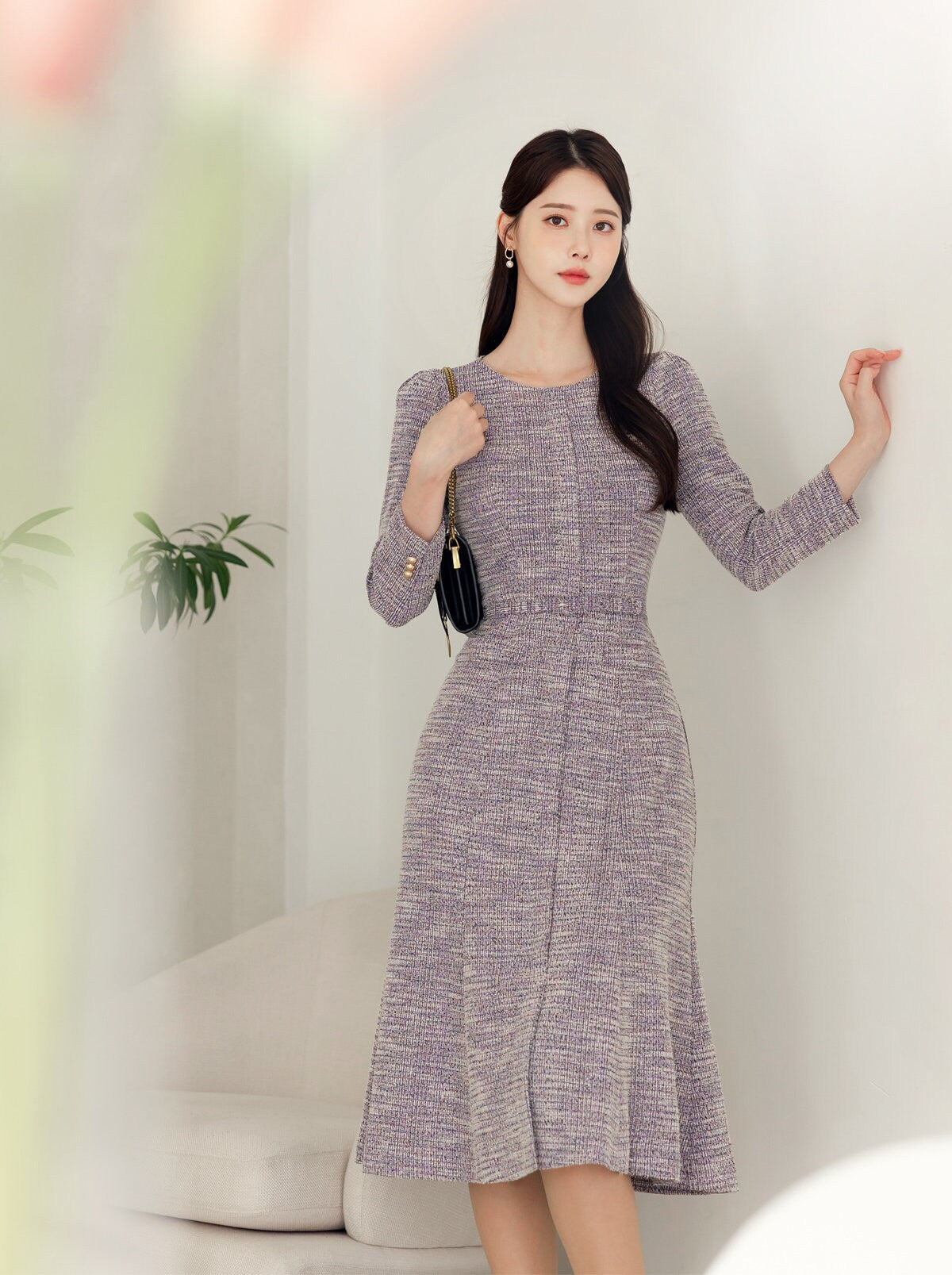 Elegant Feminine Semi-Mermaid Tweed Dress with Belt / Korean Style Midi Dress / Luxury Wear Elegant Dress