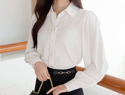 Balloon Long Sleeve White Blouse / Korean Style Luxury Feminine Women Clothes / Stylish Office Look Top / Everyday Soft Blouse