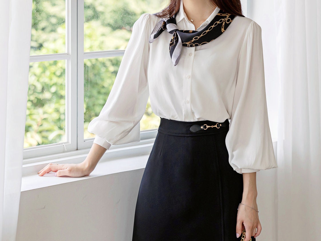 Balloon Long Sleeve White Blouse / Korean Style Luxury Feminine Women Clothes / Stylish Office Look Top / Everyday Soft Blouse