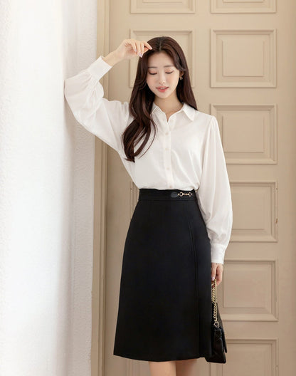 Balloon Long Sleeve White Blouse / Korean Style Luxury Feminine Women Clothes / Stylish Office Look Top / Everyday Soft Blouse