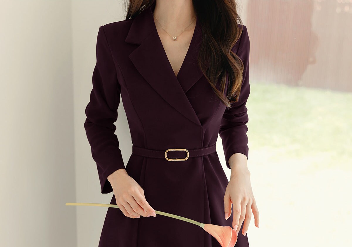 Classic Elegant Tailored Collar Midi Dress with Belt / Korean Style Elegant Feminin Midi Dress / Long Sleeve Chic Luxury Dress