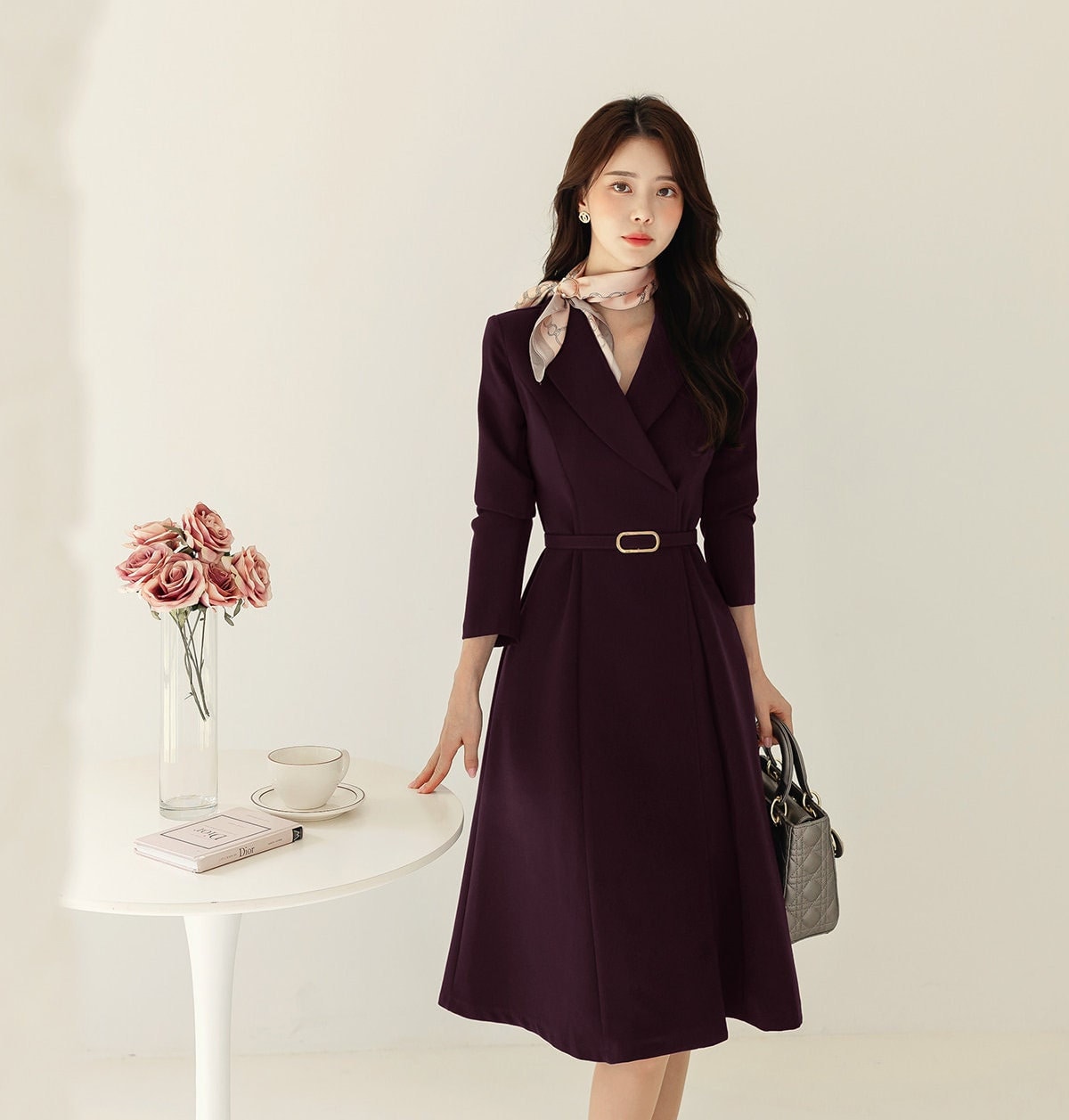 Classic Elegant Tailored Collar Midi Dress with Belt / Korean Style Elegant Feminin Midi Dress / Long Sleeve Chic Luxury Dress