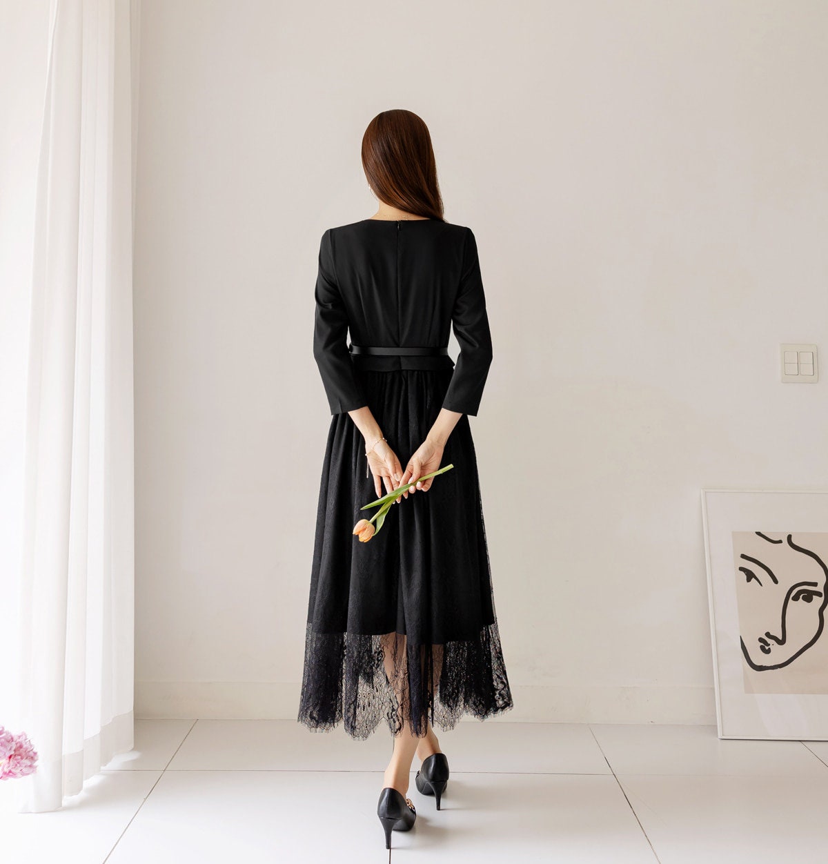 Elegant Feminin 3/4 Sleeve Dress with Belt / Korean Style Blouse and Lace Skirt for One-piece Dress / Modern Chic Long Dress