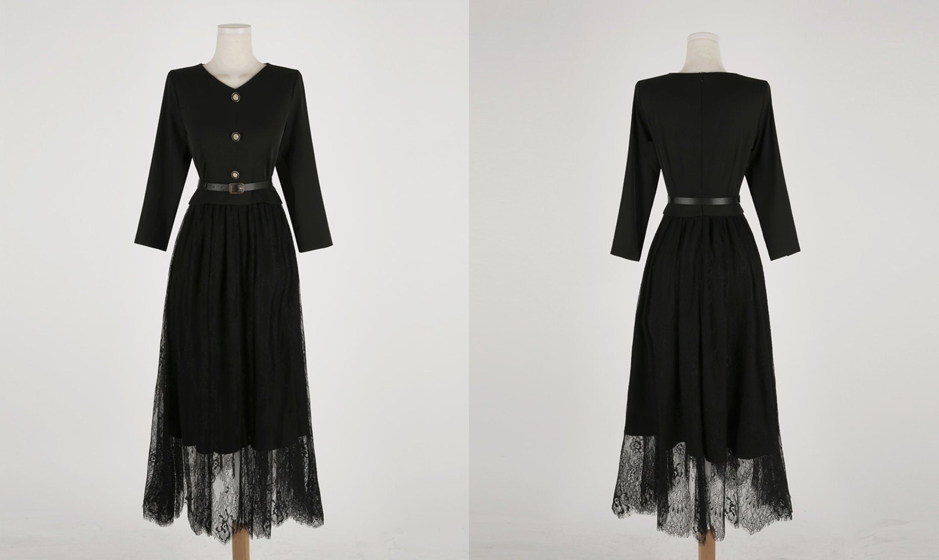 Elegant Feminin 3/4 Sleeve Dress with Belt / Korean Style Blouse and Lace Skirt for One-piece Dress / Modern Chic Long Dress