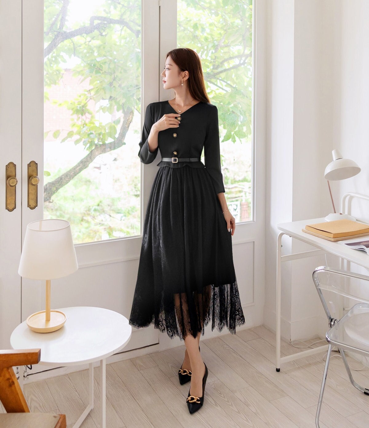 Elegant Feminin 3/4 Sleeve Dress with Belt / Korean Style Blouse and Lace Skirt for One-piece Dress / Modern Chic Long Dress