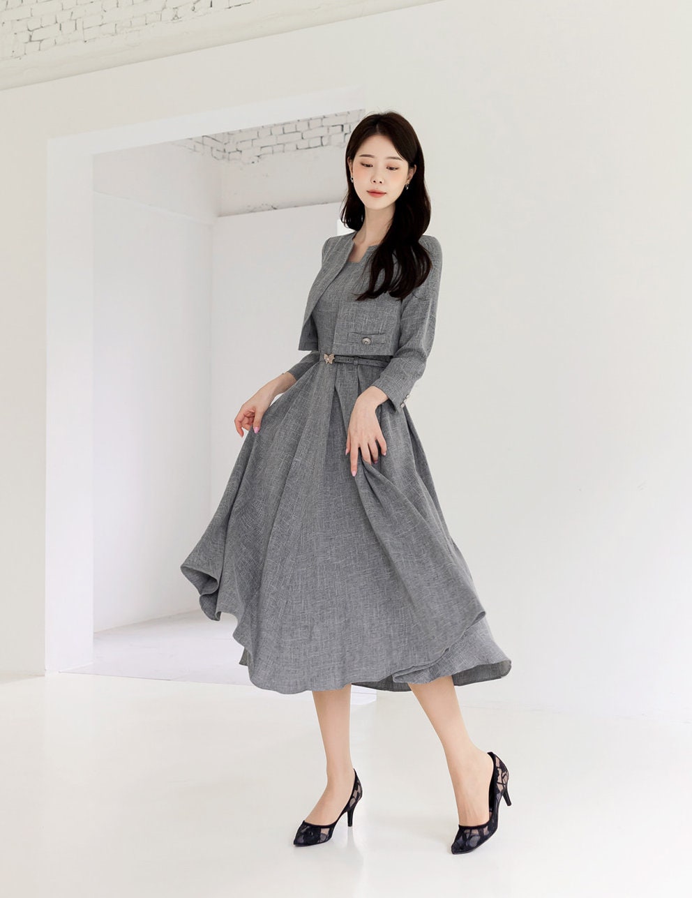 Jacket Layered Design Pleated Flare Dress with Belt / Korean Style Women Midi Dress / Elegant Feminin Dress / Classic Style Flare Midi Dress