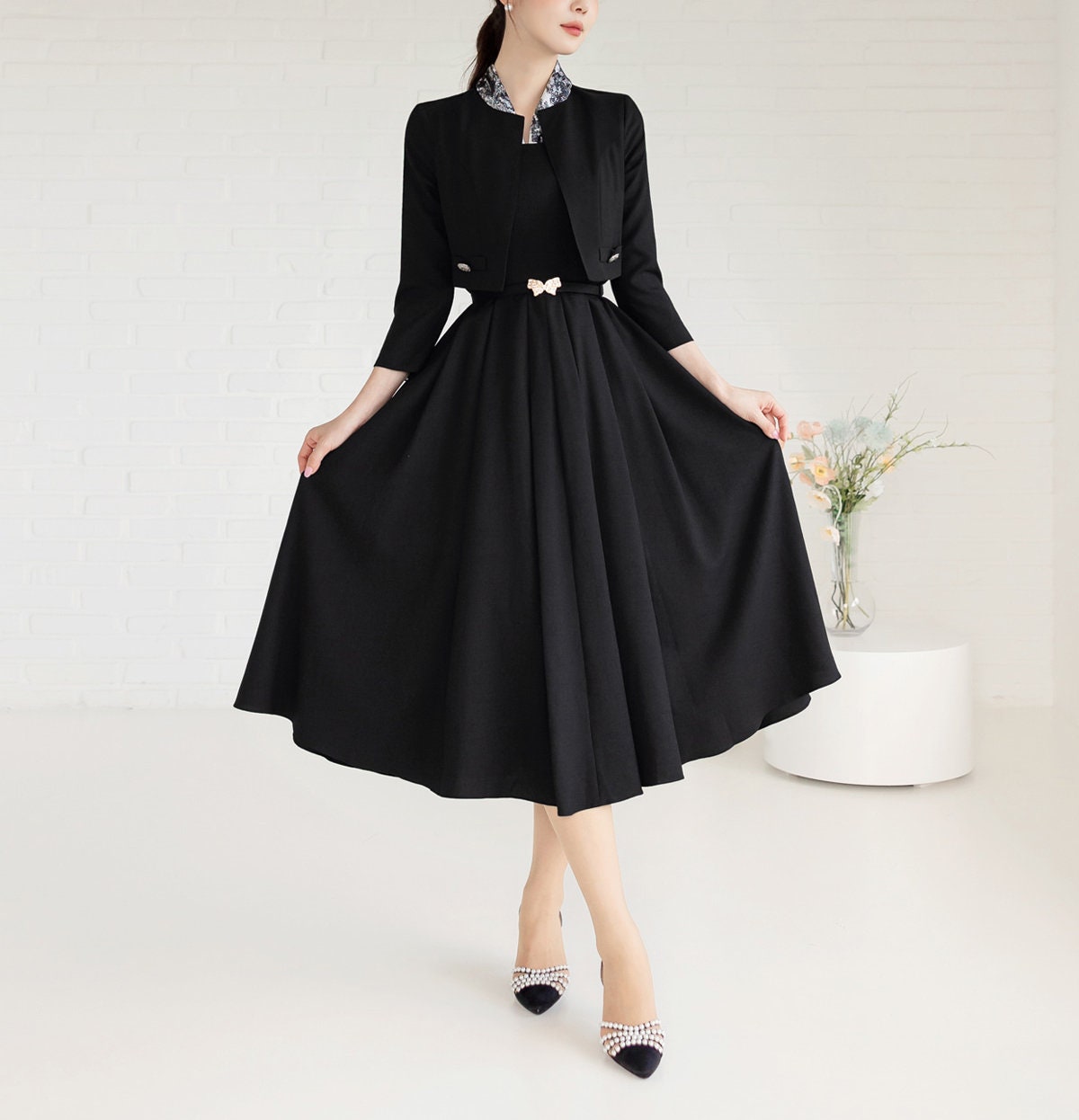 Jacket Layered Design Pleated Flare Dress with Belt / Korean Style Women Midi Dress / Elegant Feminin Dress / Classic Style Flare Midi Dress