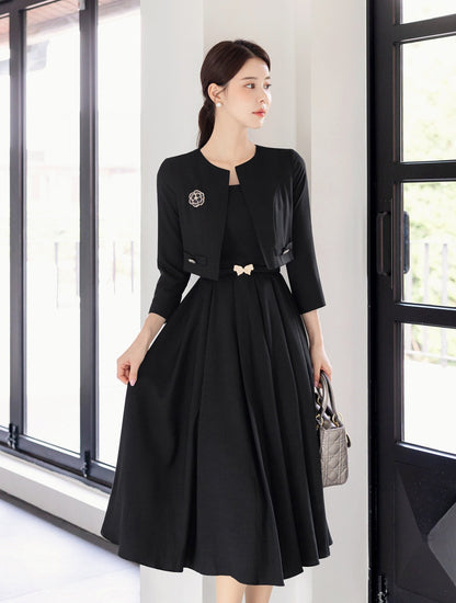 Jacket Layered Design Pleated Flare Dress with Belt / Korean Style Women Midi Dress / Elegant Feminin Dress / Classic Style Flare Midi Dress