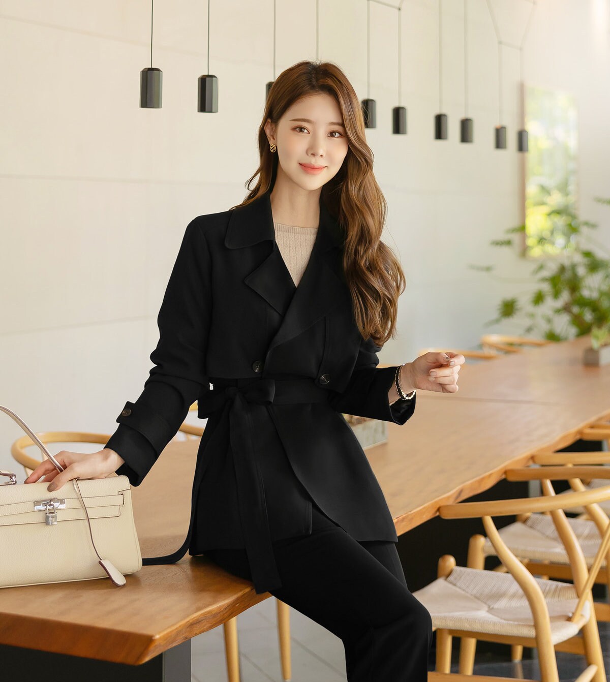 Black Color Classic Trench Jacket with Belt / Korean Style Trench Jacket for Women / Spring Fall Trench Short Coat Jacket