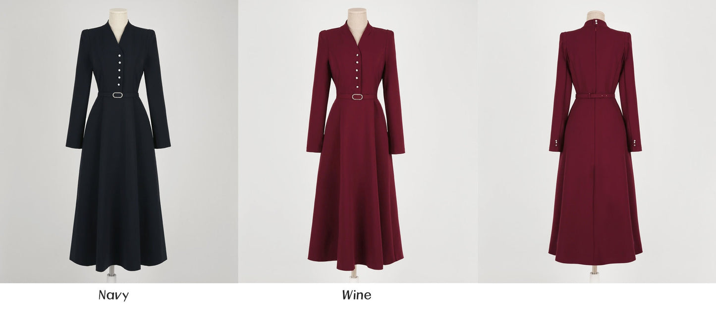 Classic Elegant V Neck Falre Dress with Belt / Korean Style Elegant Feminin Midi Dress / Long Sleeve Chic Luxury Dress