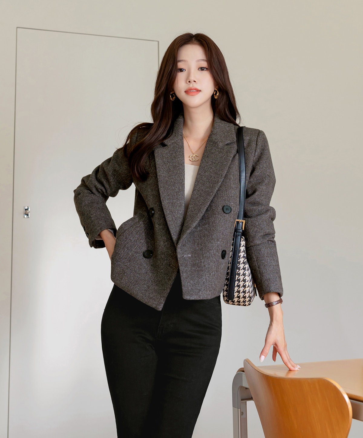 Women Basic Double Breasted Blazer Cropped Jacket / Korean Style Notched Collar Jacket for Women / Wool Blend Jacket for Spring Fall