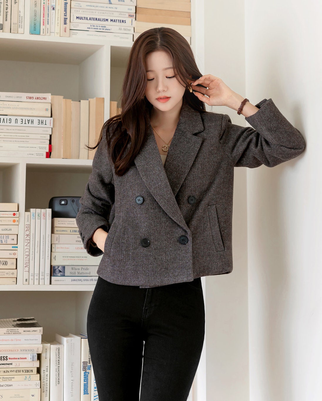 Women Basic Double Breasted Blazer Cropped Jacket / Korean Style Notched Collar Jacket for Women / Wool Blend Jacket for Spring Fall