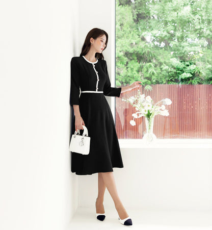 Elegant Feminine Black Flare Dress for Spring Fall / Korean Style Classic Midi Dress / Luxury wear Elegant Dress in Black