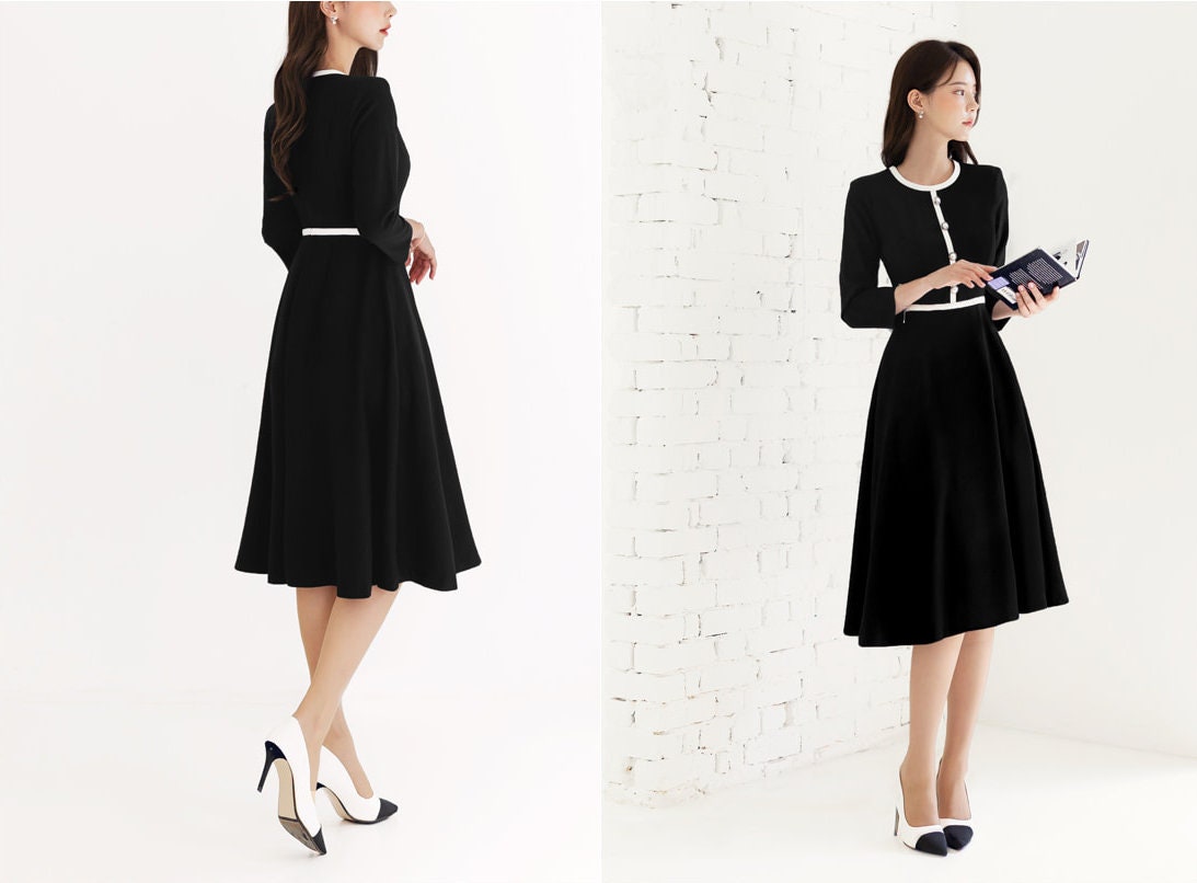 Elegant Feminine Black Flare Dress for Spring Fall / Korean Style Classic Midi Dress / Luxury wear Elegant Dress in Black