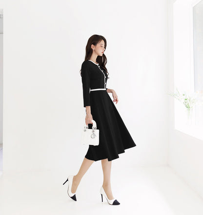 Elegant Feminine Black Flare Dress for Spring Fall / Korean Style Classic Midi Dress / Luxury wear Elegant Dress in Black