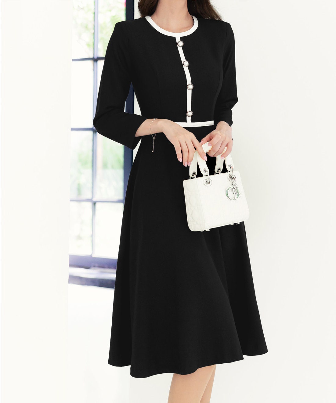 Elegant Feminine Black Flare Dress for Spring Fall / Korean Style Classic Midi Dress / Luxury wear Elegant Dress in Black