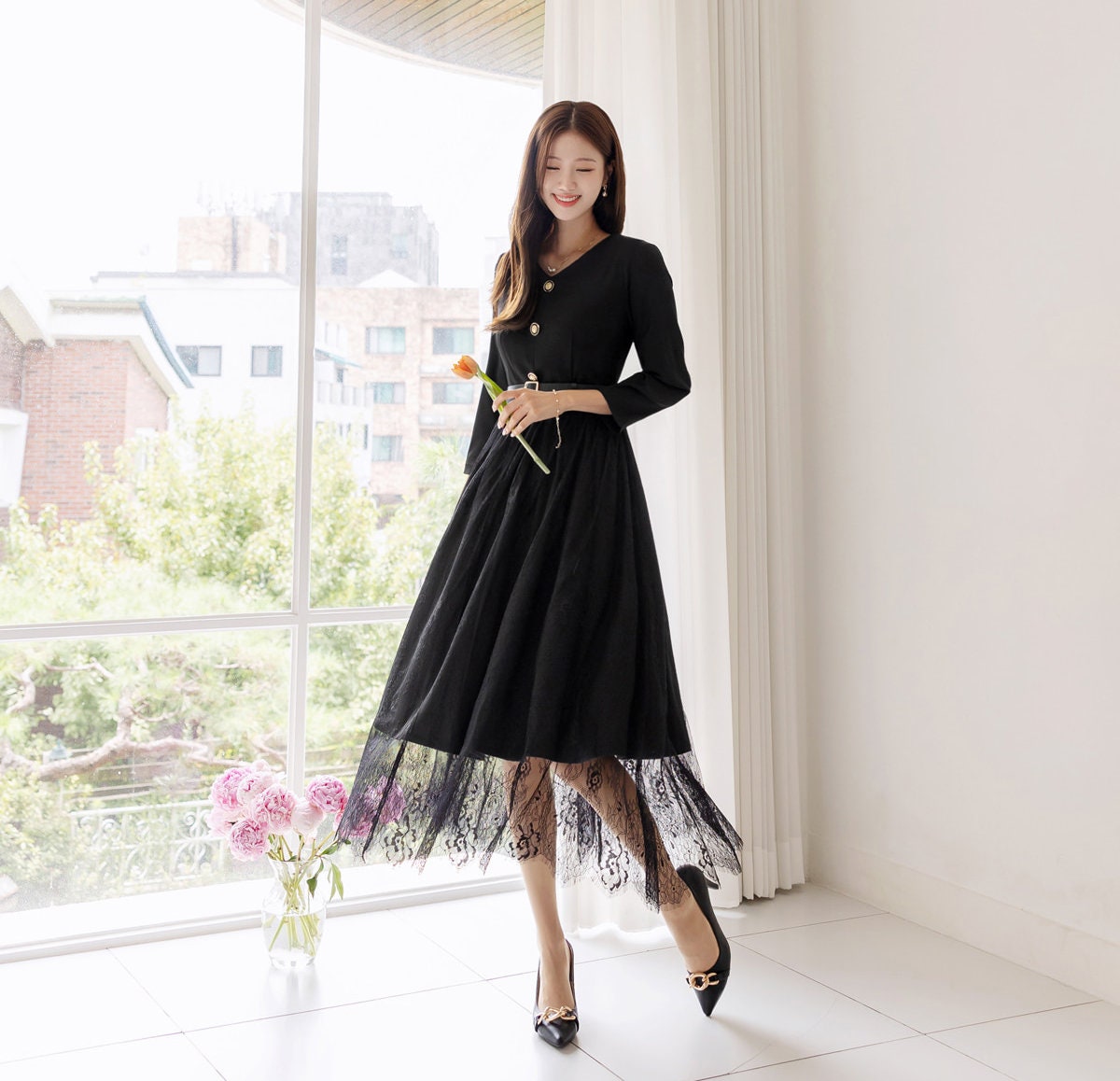 Elegant Feminin 3/4 Sleeve Dress with Belt / Korean Style Blouse and Lace Skirt for One-piece Dress / Modern Chic Long Dress